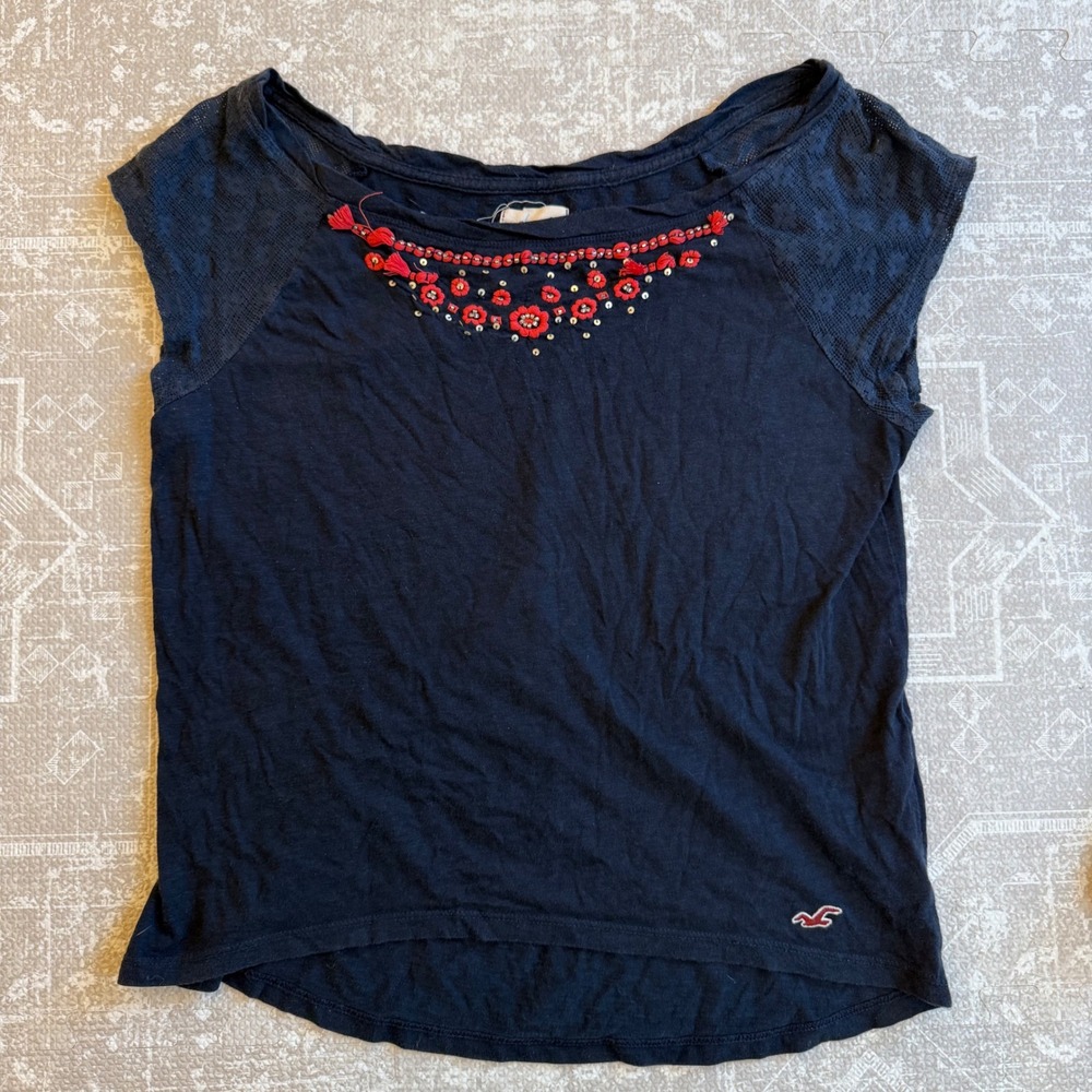 Vintage Y2K Hollister Navy Top Embellished Beaded Tassels Sleeve Shirt Womens